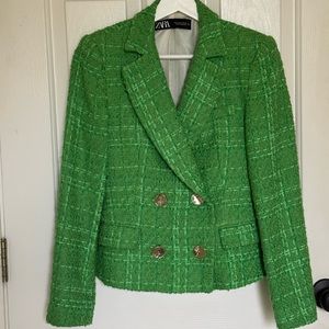 Zara GREEN blazer textured DOUBLE BREASTED FRAYED CROPPED BLAZER